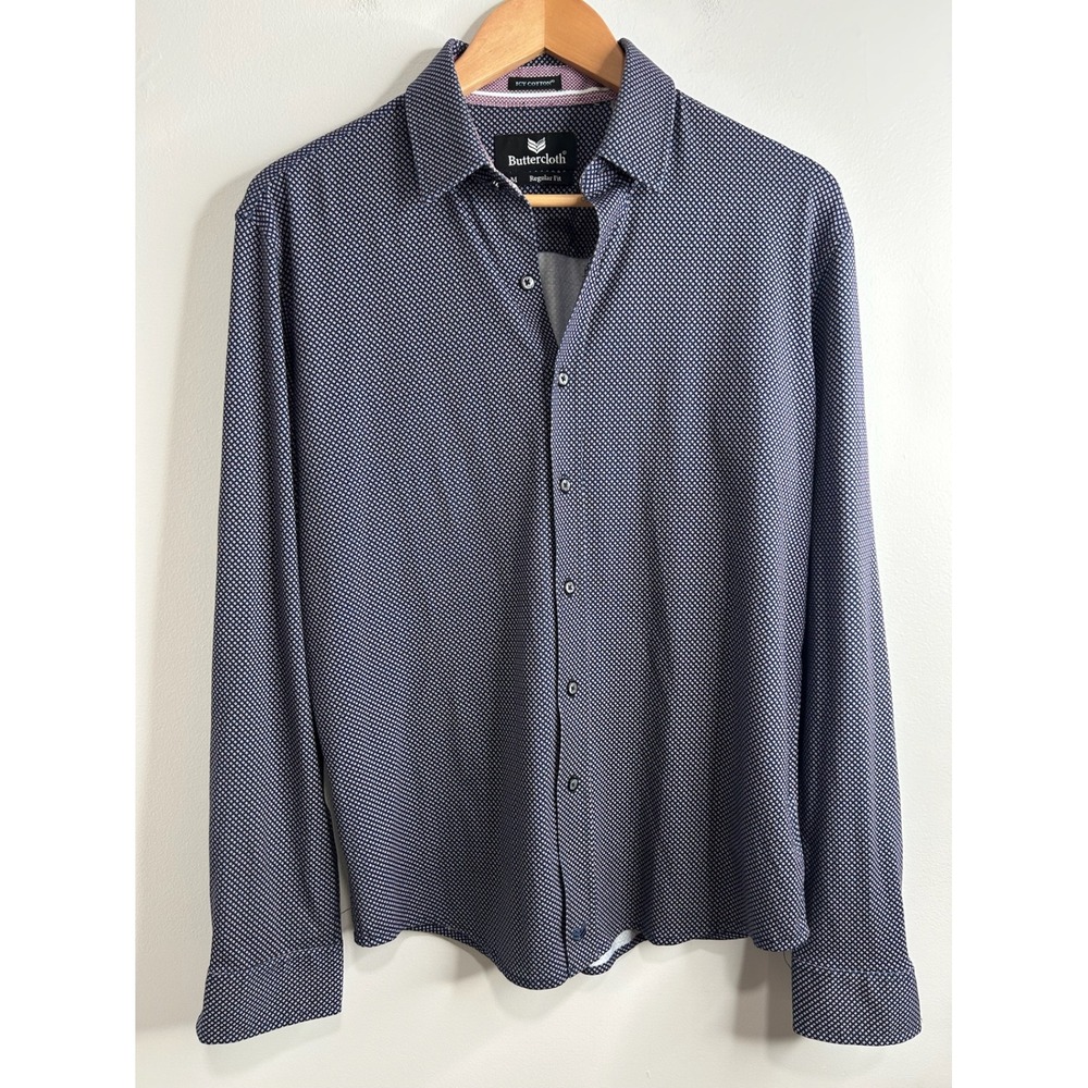 Buttercloth Icy Cotton Navy Geometric Diamond Long Sleeve Button Down Shirt M